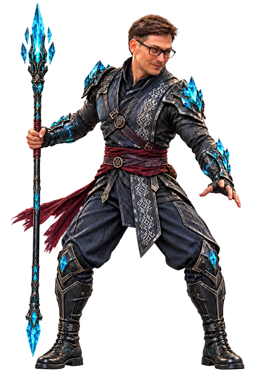 Crystal-armoured warrior holding a glowing blue staff